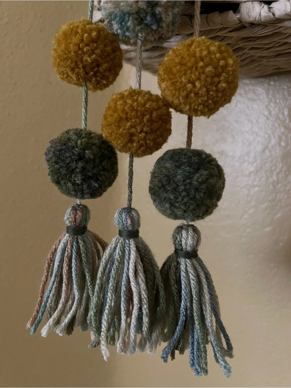 Handcrafted Peace Sign Pom-Pom Wall Hanging in Mustard and Olive